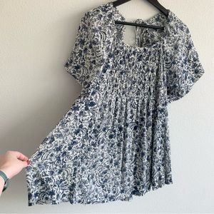 Free People Flowy Blue and White Floral Mini Dress Short Sleeves
